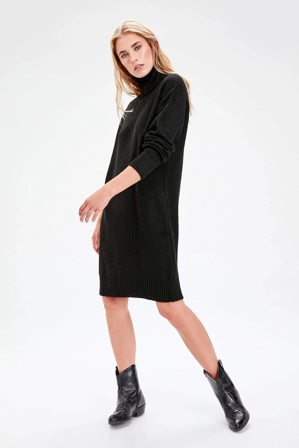 13054 Black Turtleneck Oversize Sweater Dress