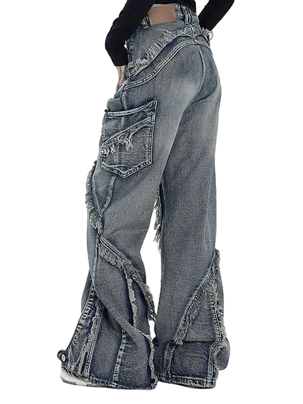 1984 Washed Side Pocket Raw Edge Baggy Jeans