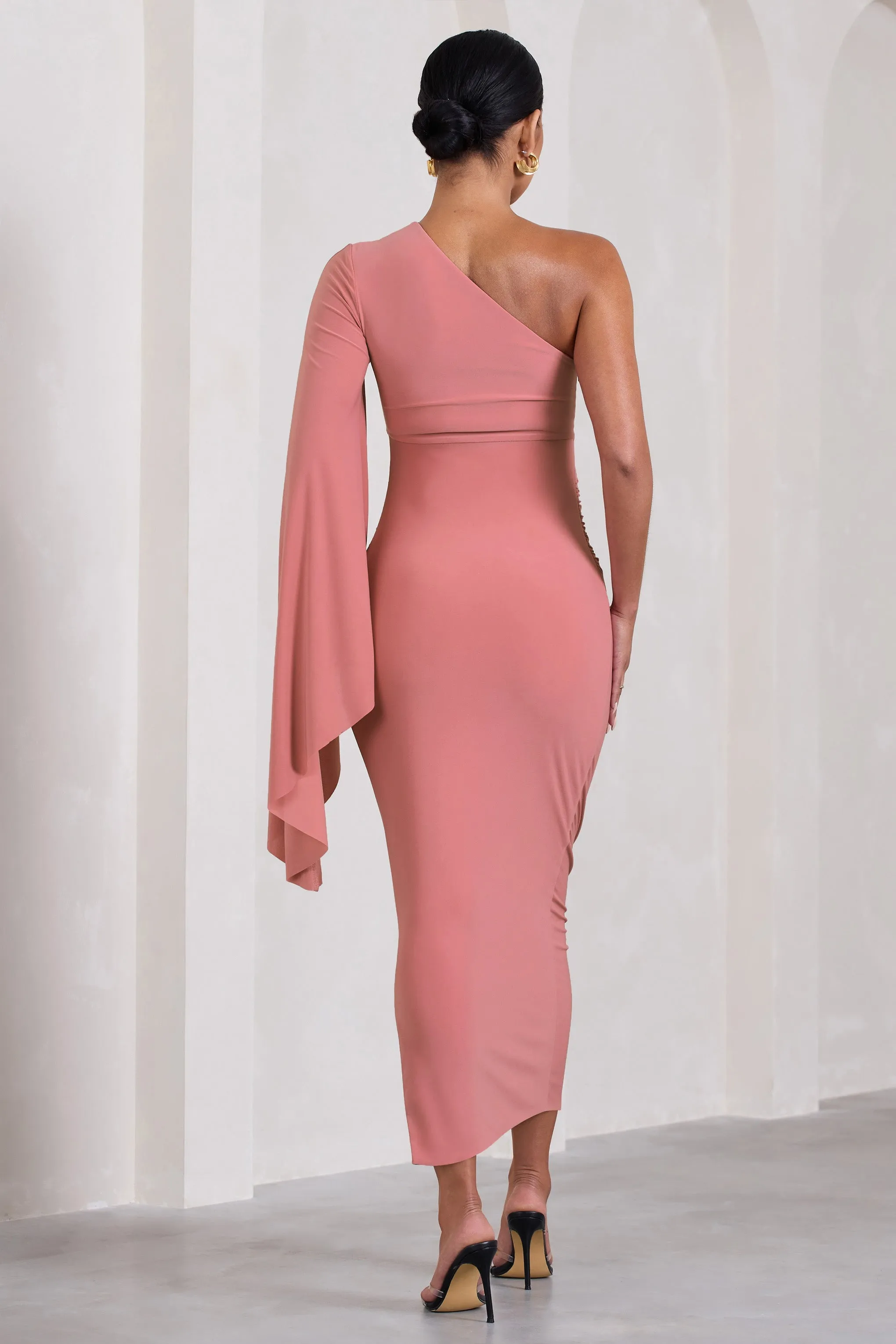 Adeline | Blush Pink Ruched Asymmetric Split Maternity Midi Dress With Cape Sleeve