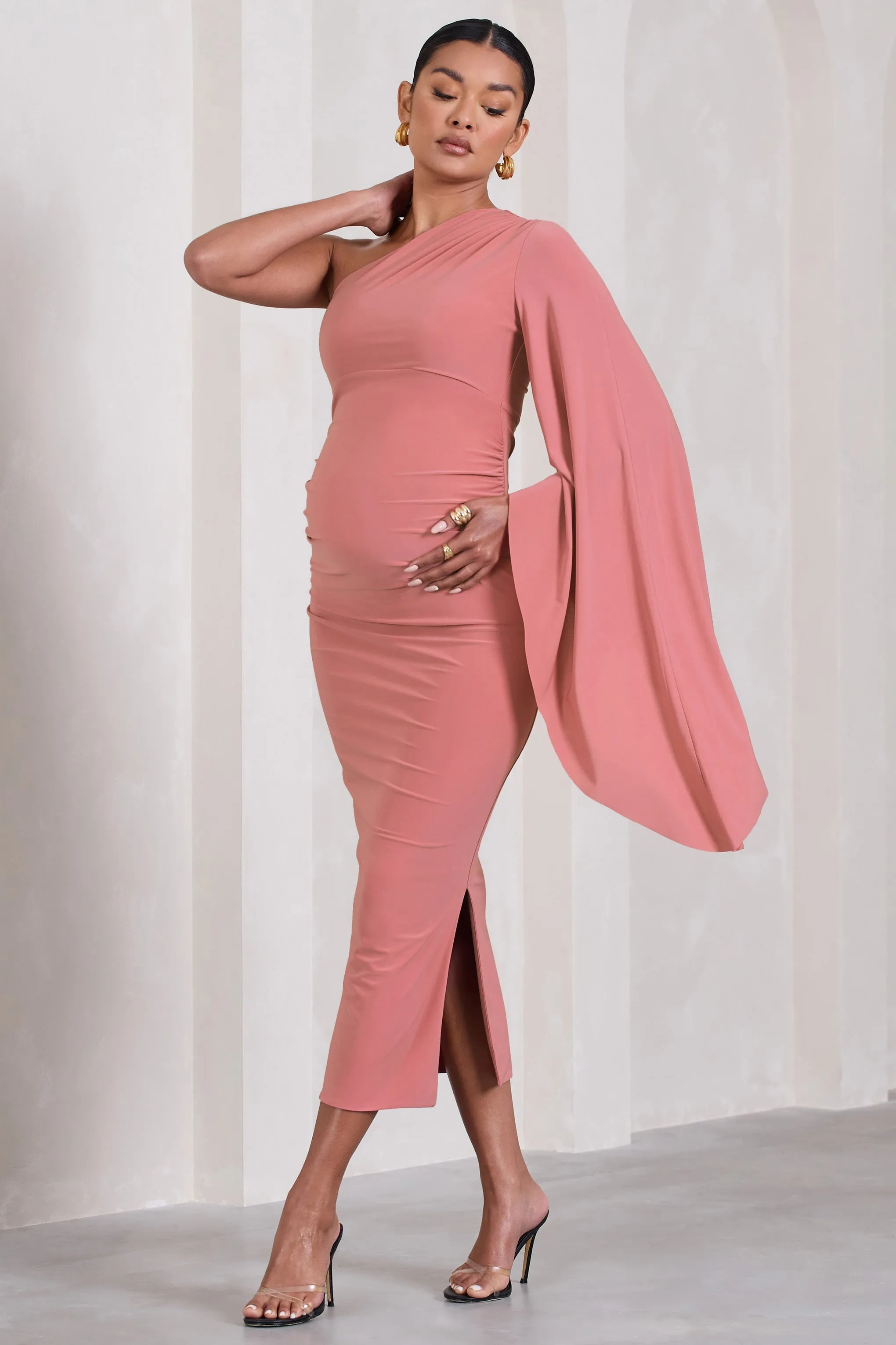 Adeline | Blush Pink Ruched Asymmetric Split Maternity Midi Dress With Cape Sleeve