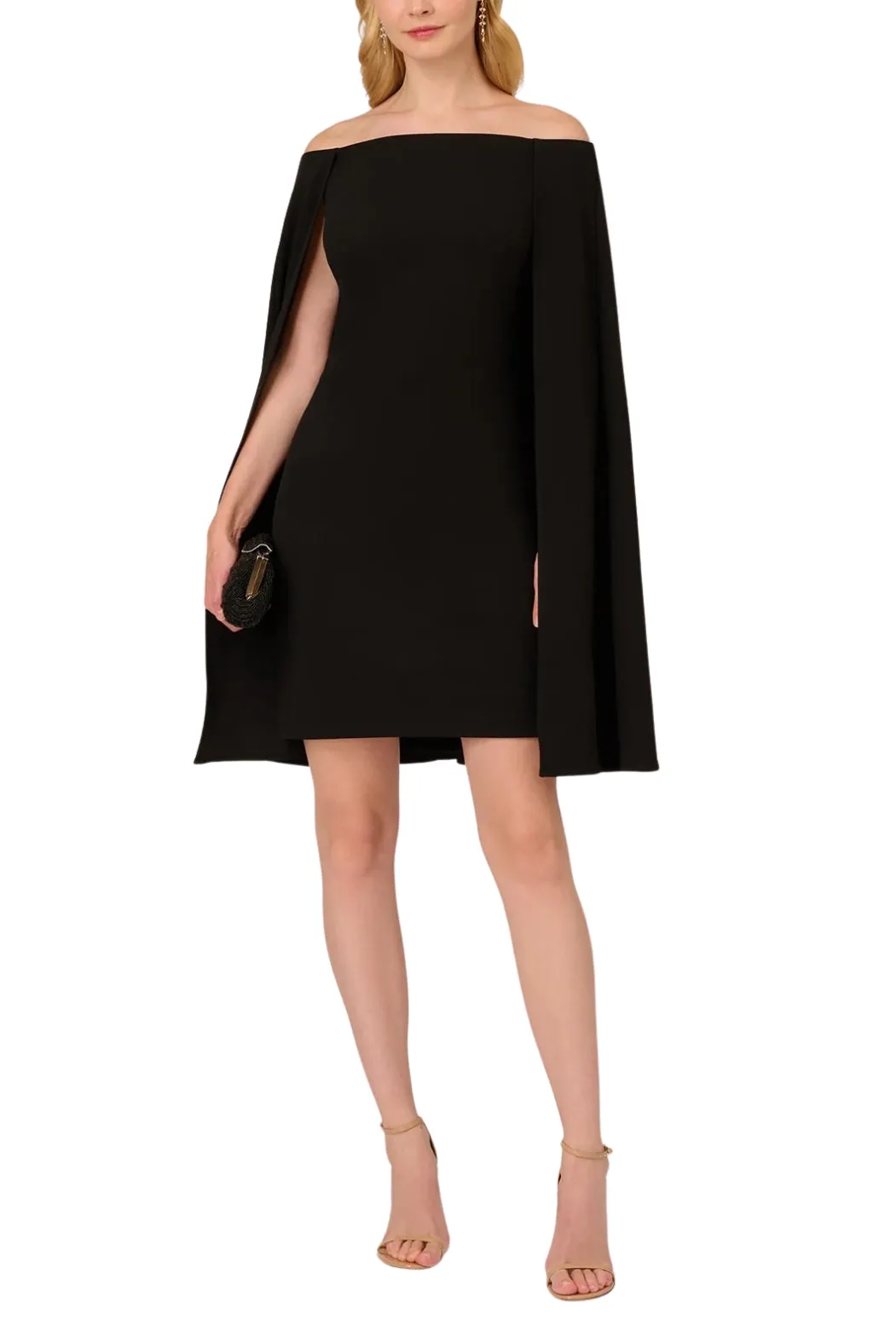 Adrianna Papell off shoulder cape sheath crepe dress