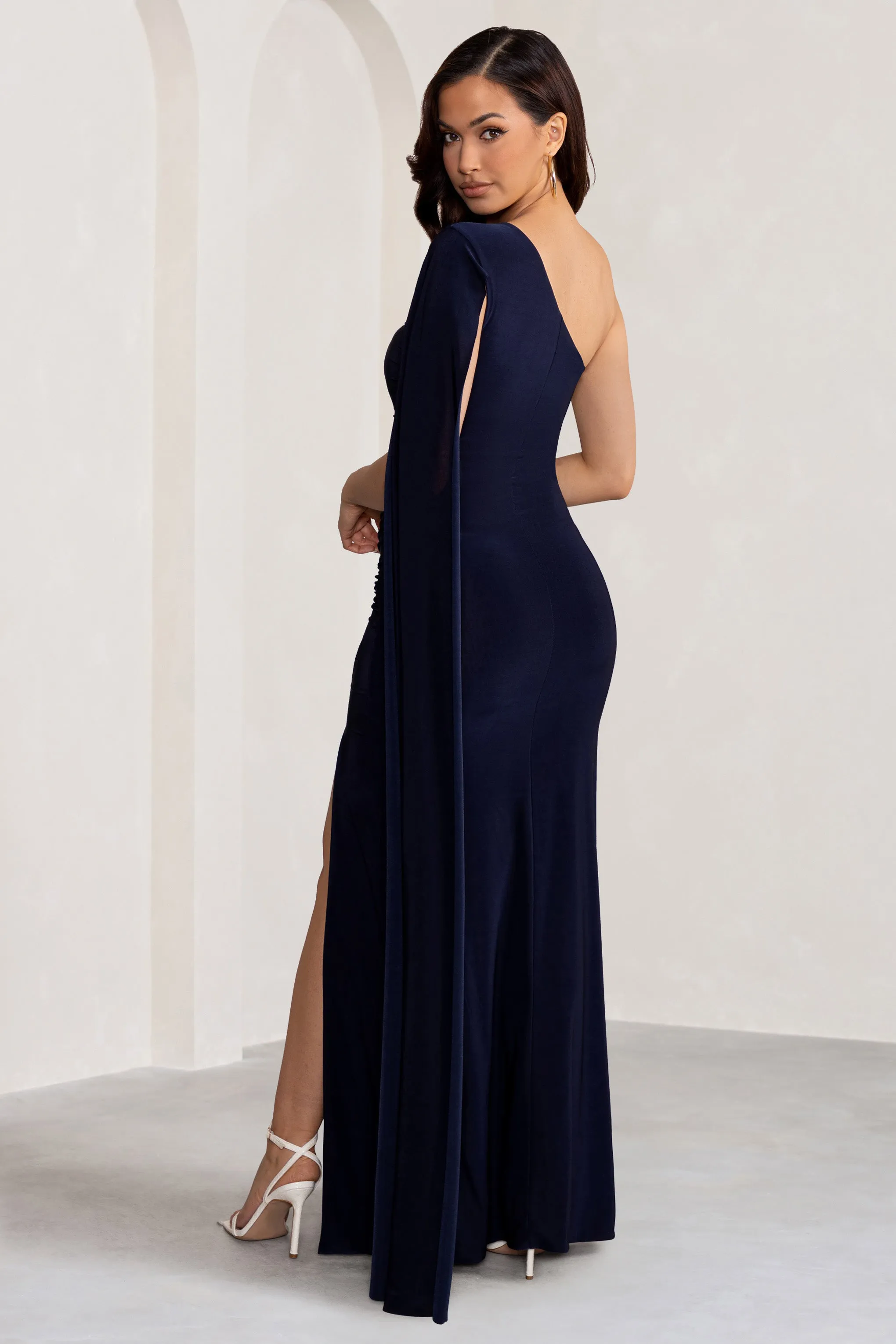 Alexia | Navy One-Shoulder Maxi Dress with Cape Sleeve and Thigh Split