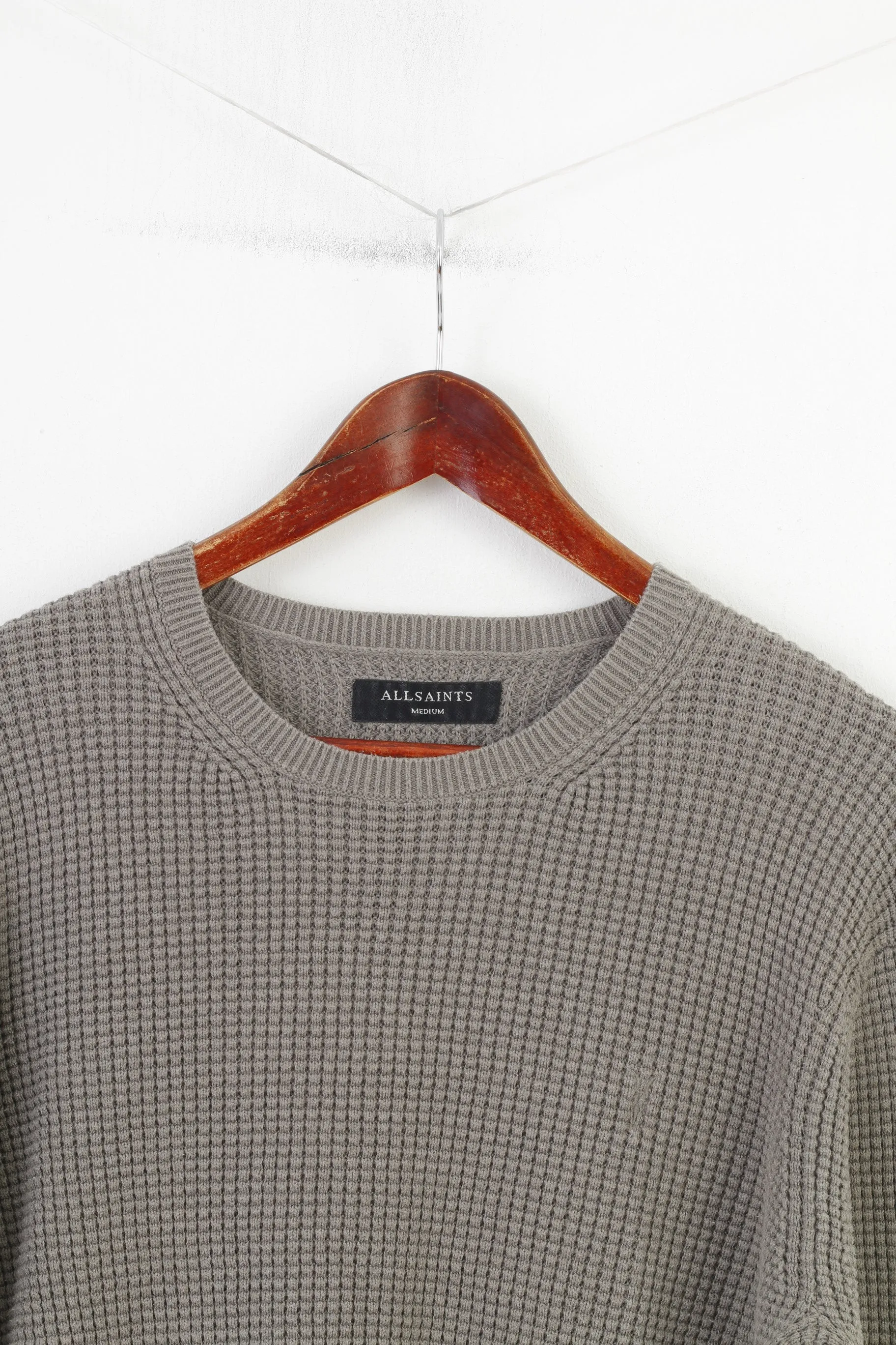 Allsaints Men M Jumper Gray Knittwear Crew Neck Cotton Vintage Classic Sweater