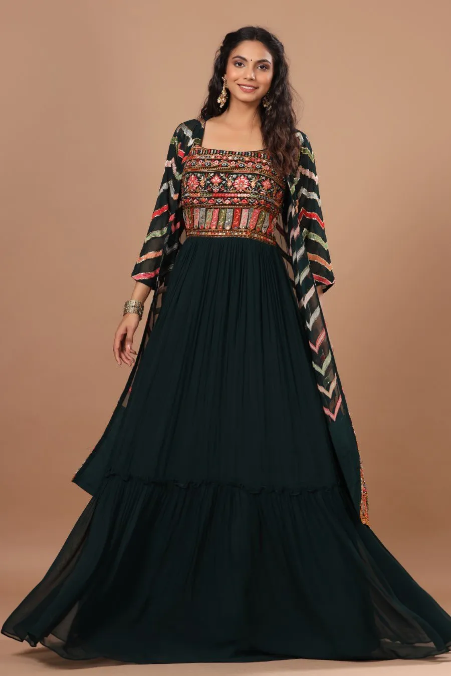 Alluring Bottle Green Resham Embroidered Dress With Cape