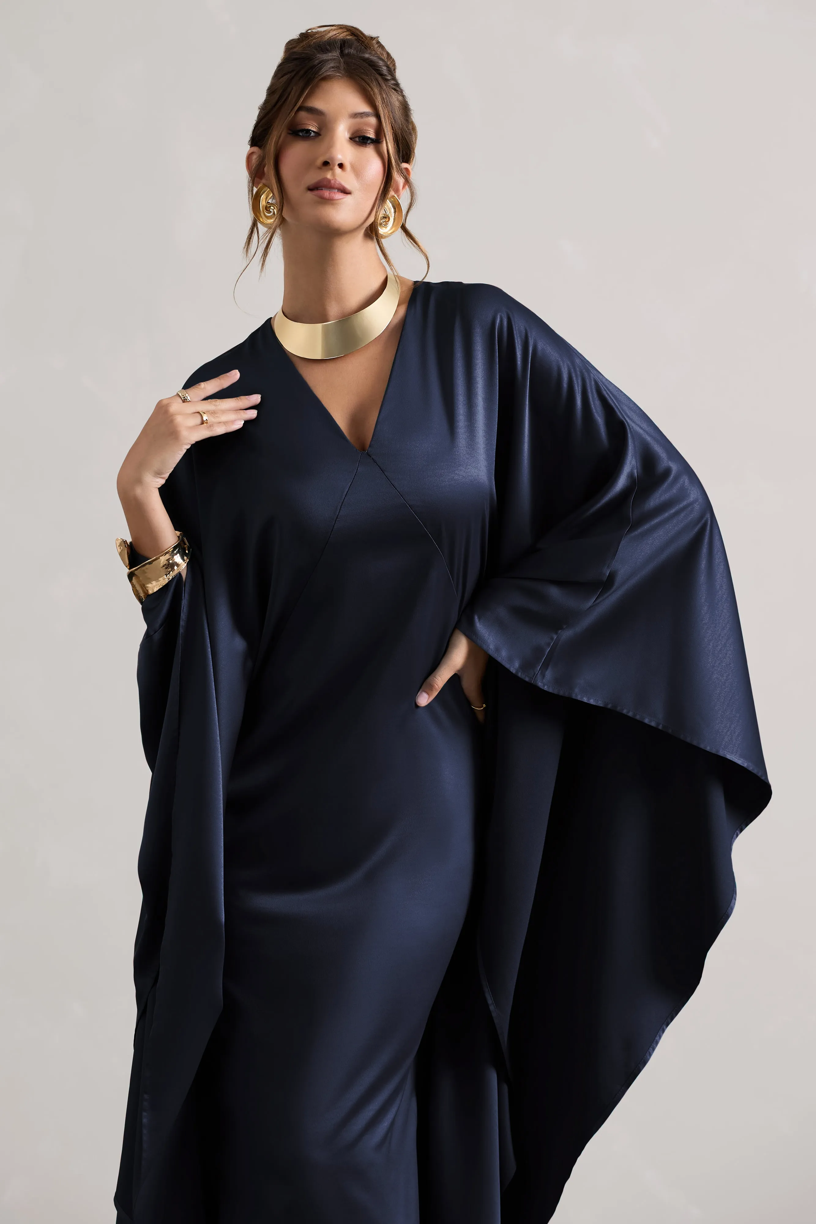 Alohi | Navy Satin Plunge Cape Maxi Dress