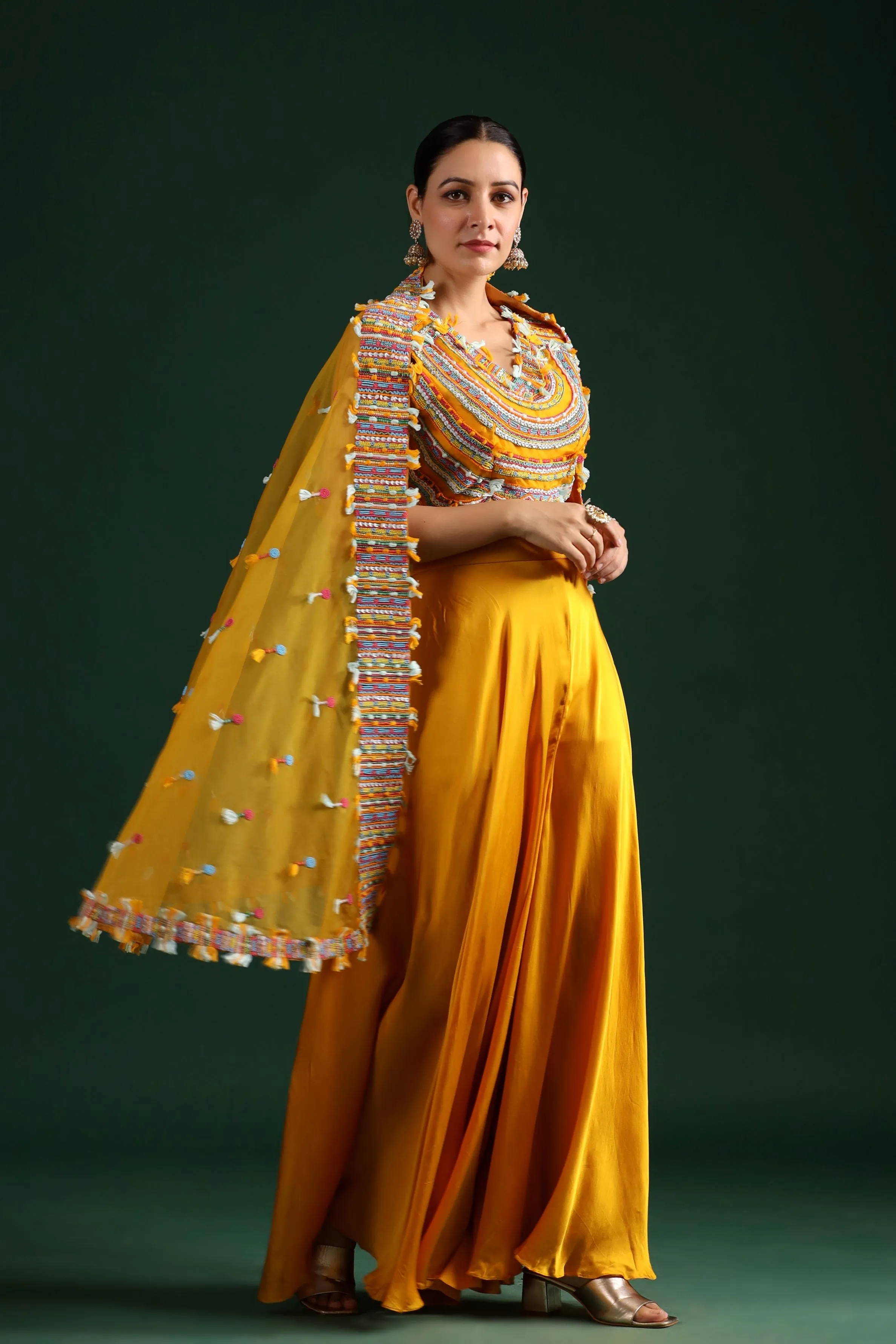 Amber Yellow Embellished Cape Set