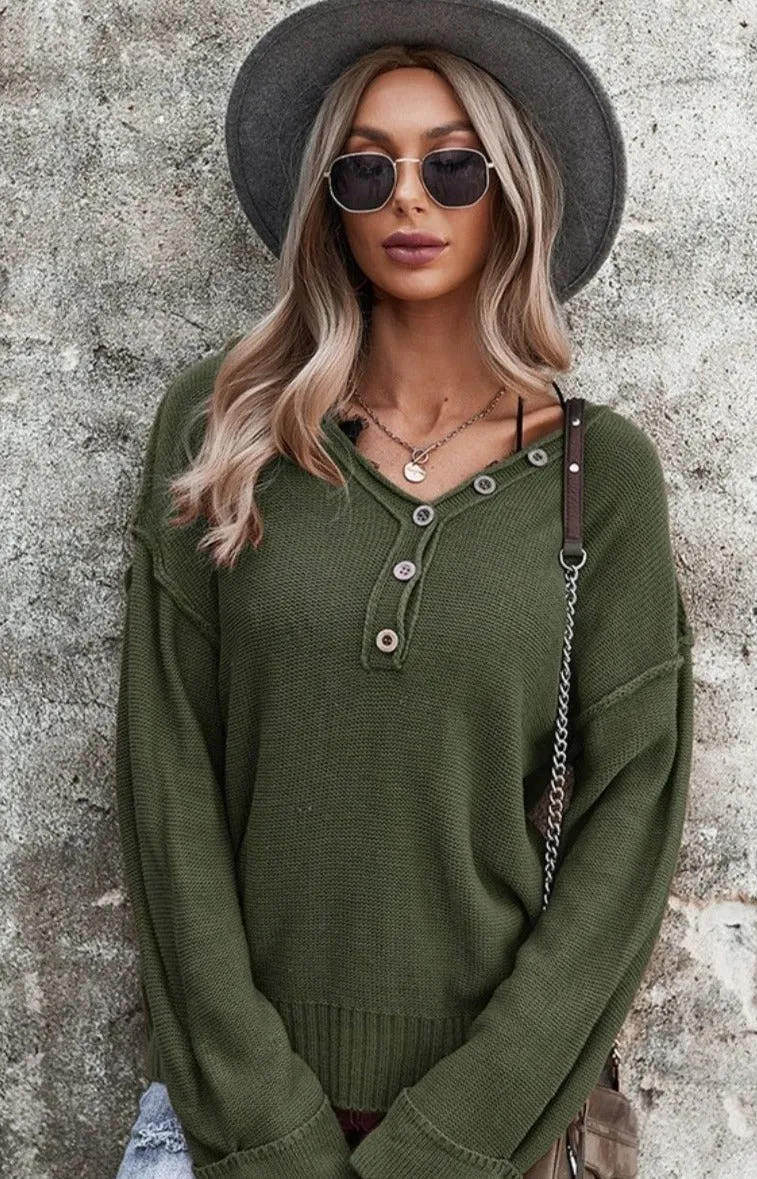 Amelia V-neck Button Front Knit Jumper - Khaki