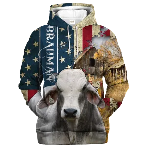 American Brahman Farm With America Flag Hoodie