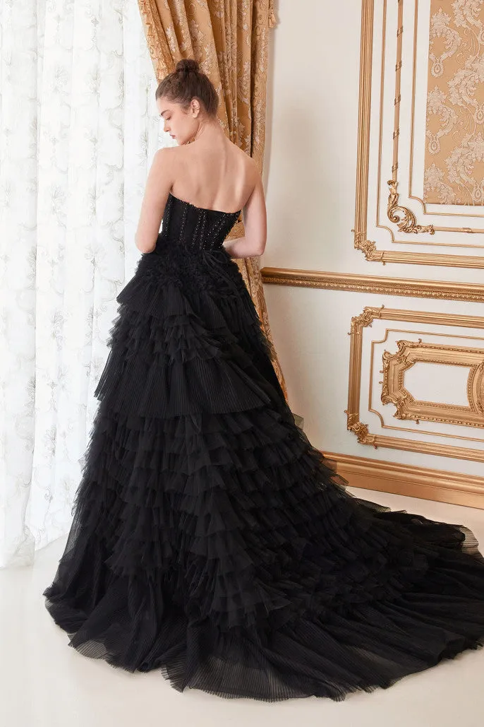 Andrea & Leo Couture A1017 Size 10 Black Luxurious Prom Dress Long Layer Pleated Ruffle Ballgown Lace Corset Formal Gown