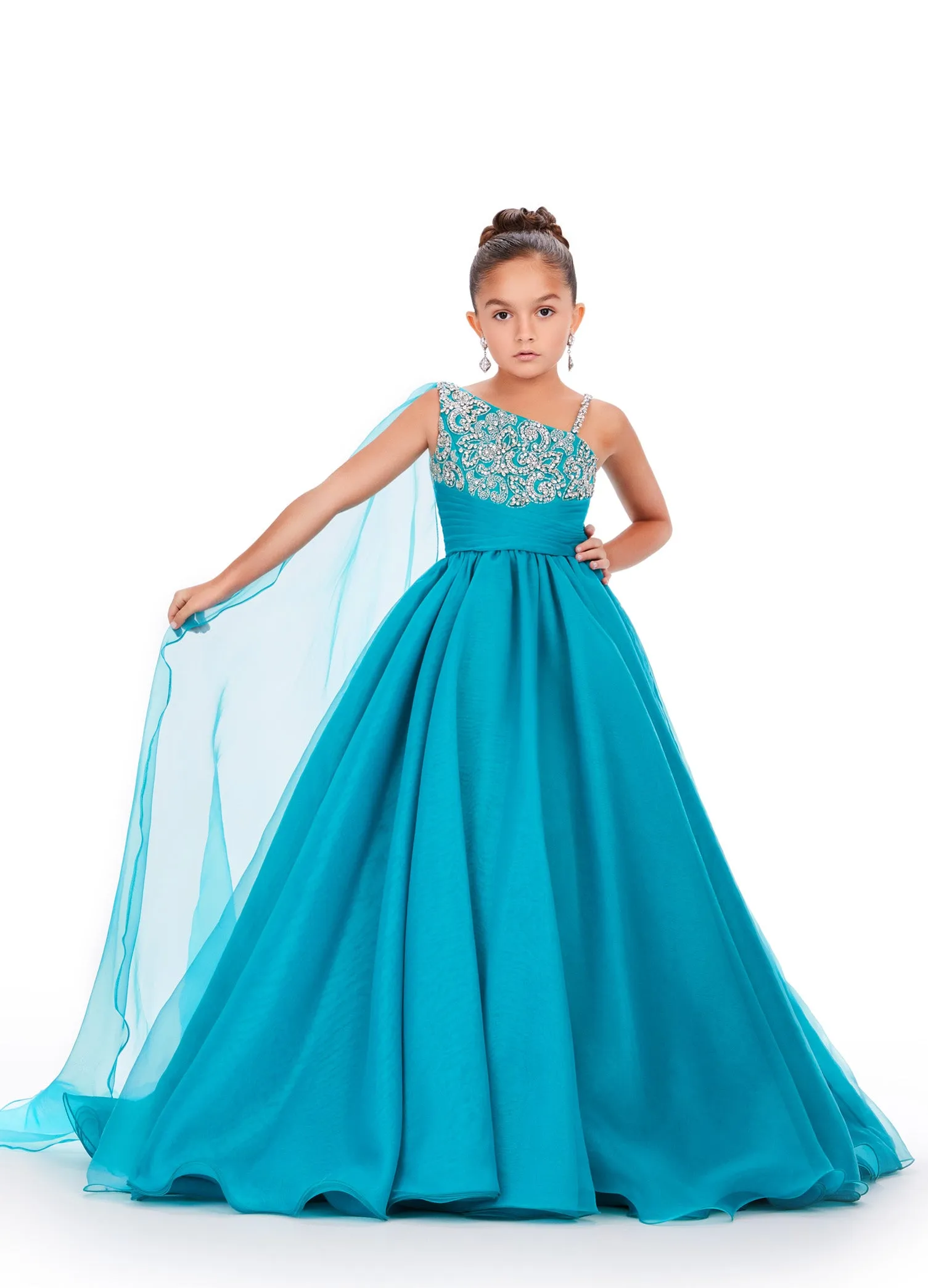 Ashley Lauren Kids 8212 One Shoulder Girls Pageant Dress Cape A Line Ball Gown Crystal