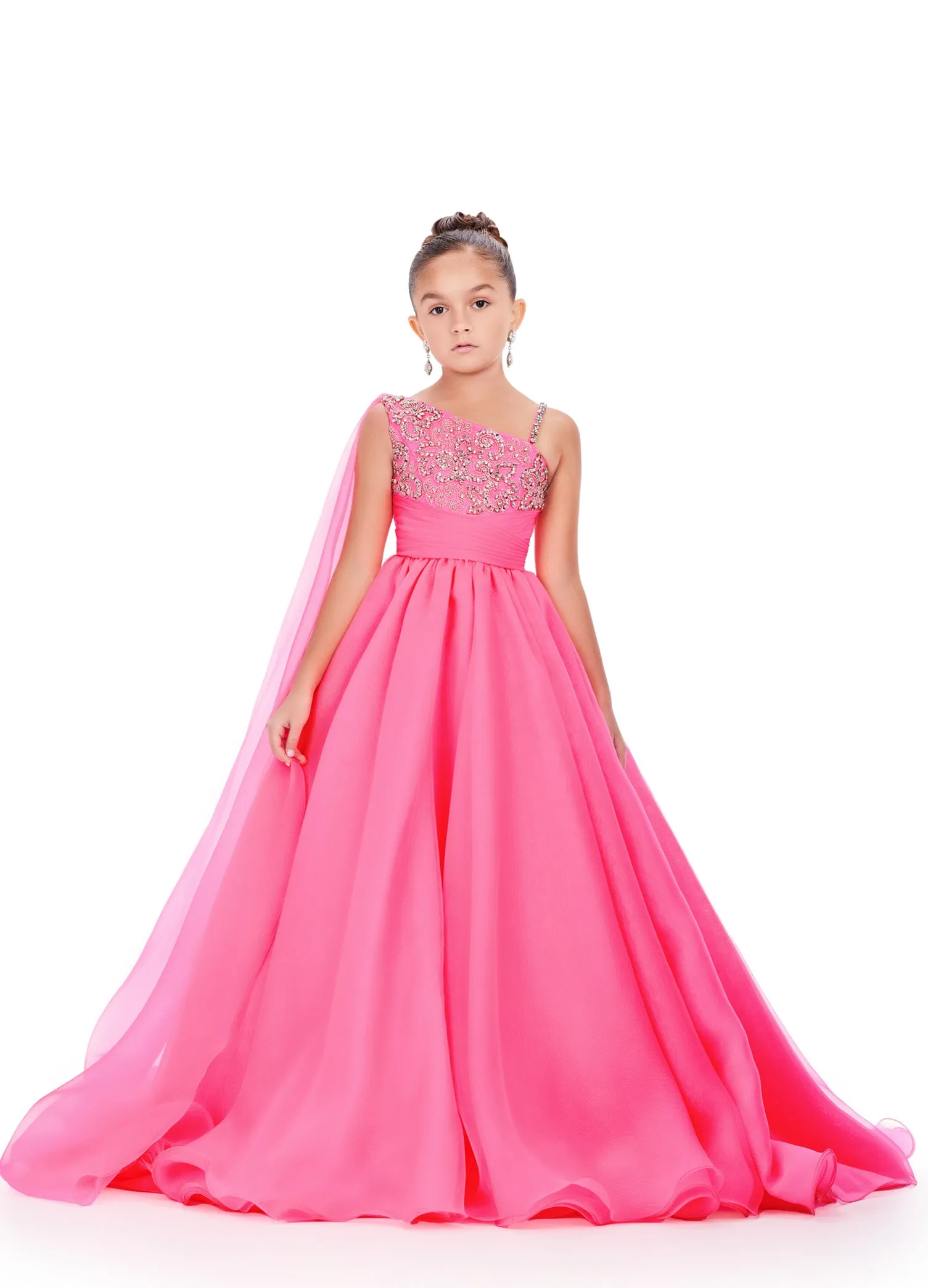 Ashley Lauren Kids 8212 One Shoulder Girls Pageant Dress Cape A Line Ball Gown Crystal