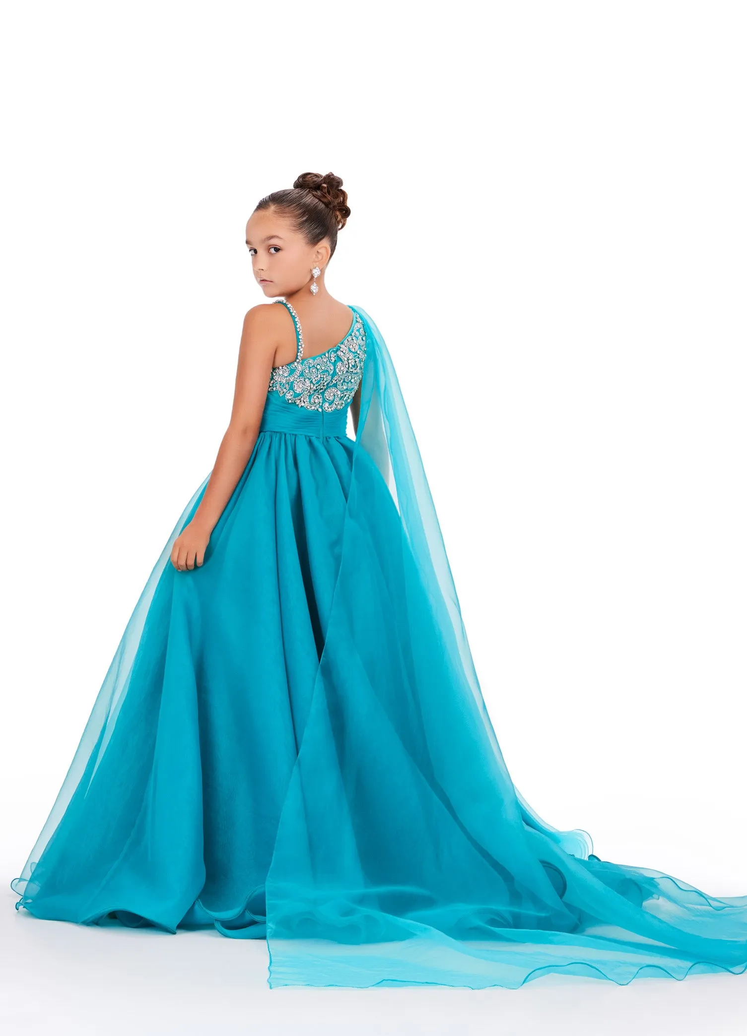 Ashley Lauren Kids 8212 One Shoulder Girls Pageant Dress Cape A Line Ball Gown Crystal