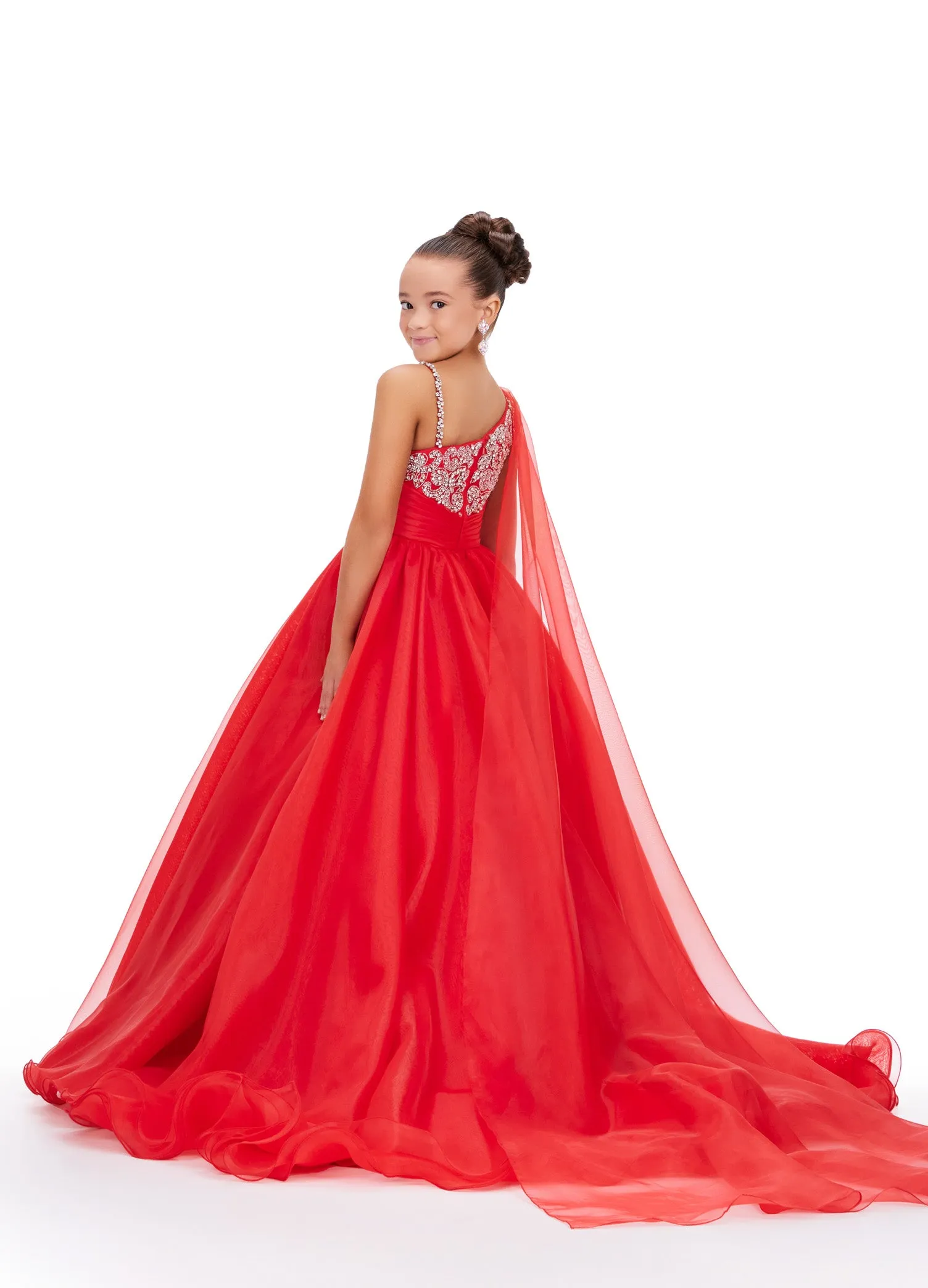 Ashley Lauren Kids 8212 One Shoulder Girls Pageant Dress Cape A Line Ball Gown Crystal