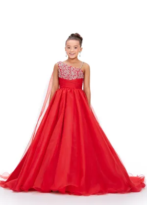 Ashley Lauren Kids 8212 One Shoulder Girls Pageant Dress Cape A Line Ball Gown Crystal