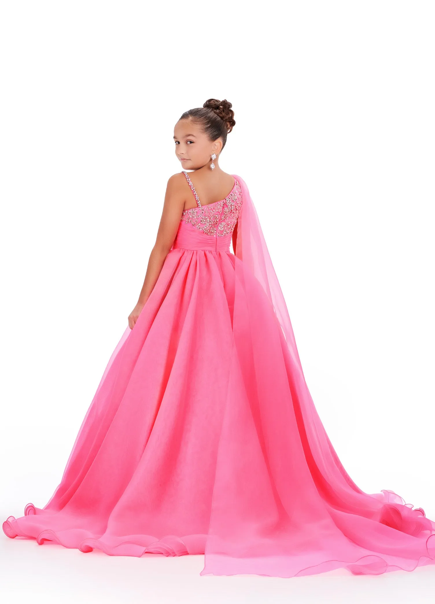 Ashley Lauren Kids 8212 One Shoulder Girls Pageant Dress Cape A Line Ball Gown Crystal