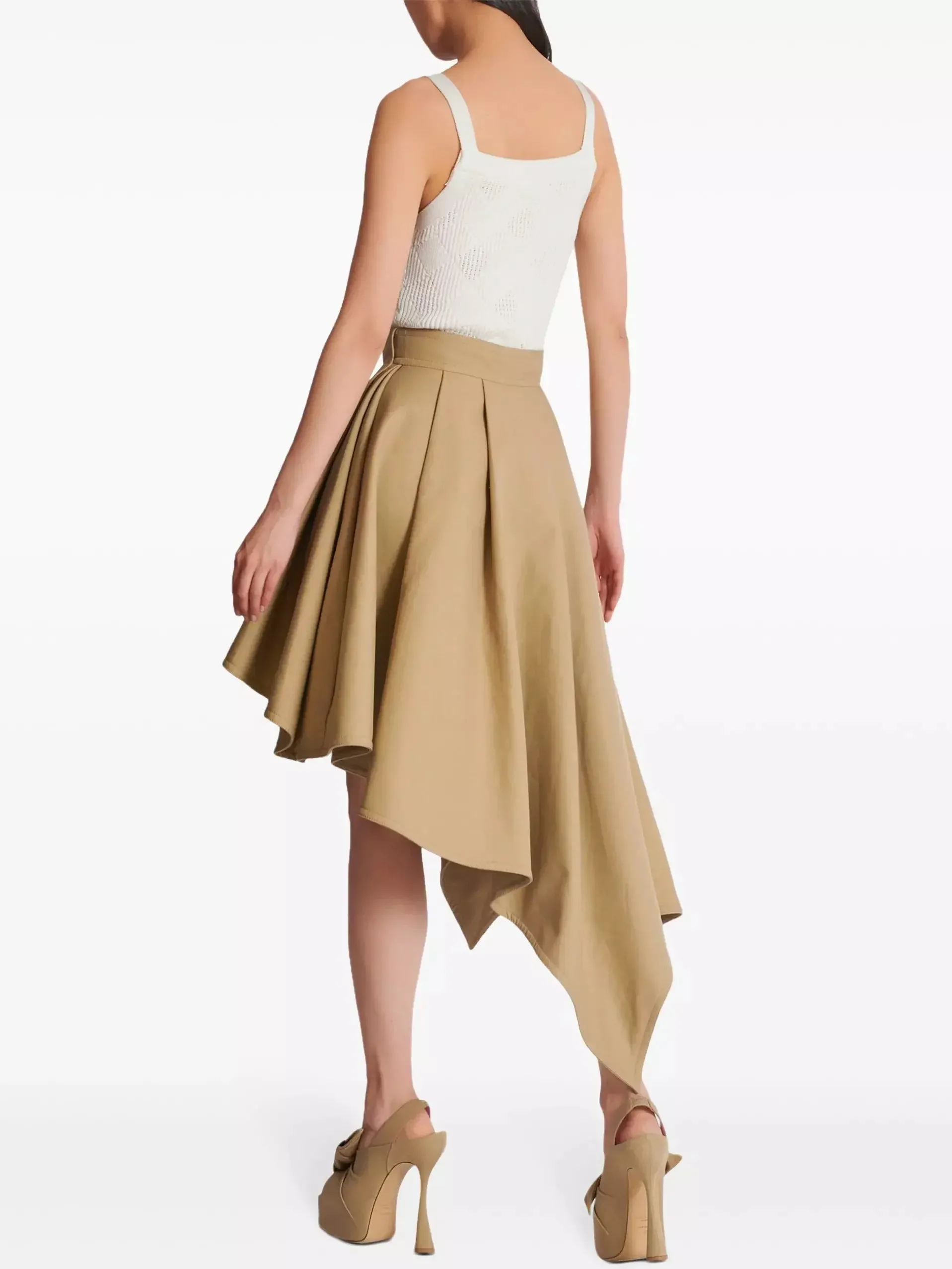 Asymmetrical Pleated Flared Skirt in Beige