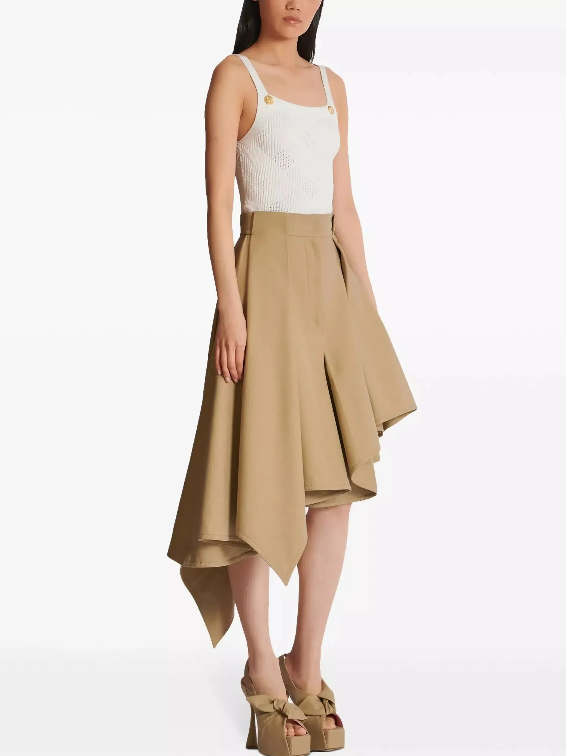 Asymmetrical Pleated Flared Skirt in Beige