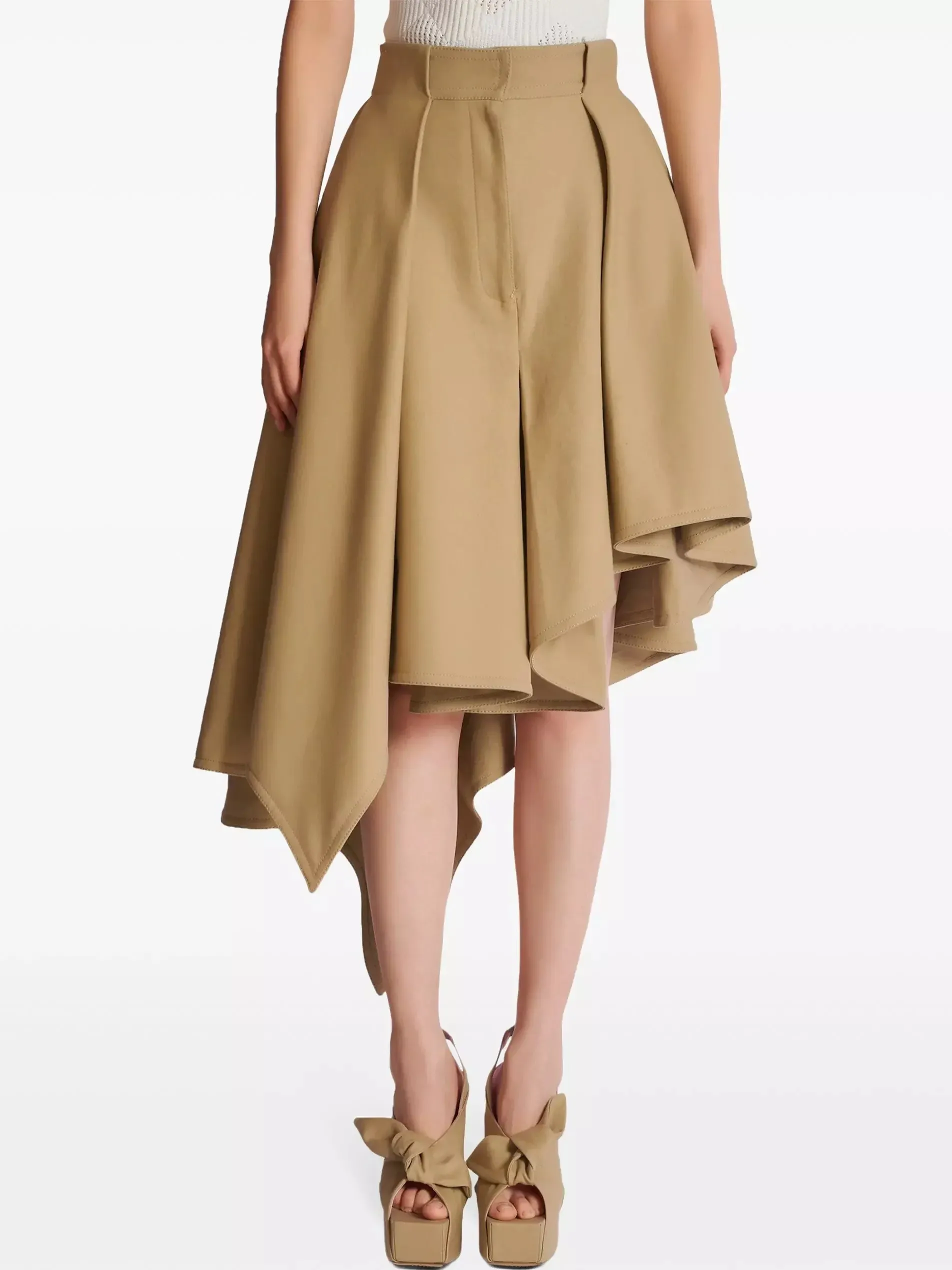 Asymmetrical Pleated Flared Skirt in Beige