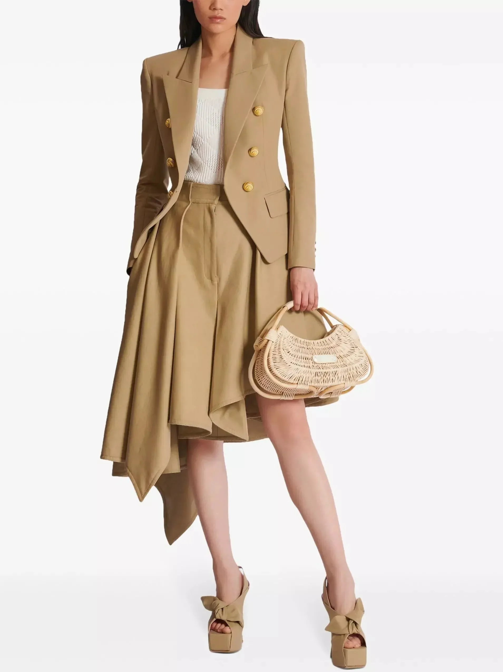 Asymmetrical Pleated Flared Skirt in Beige