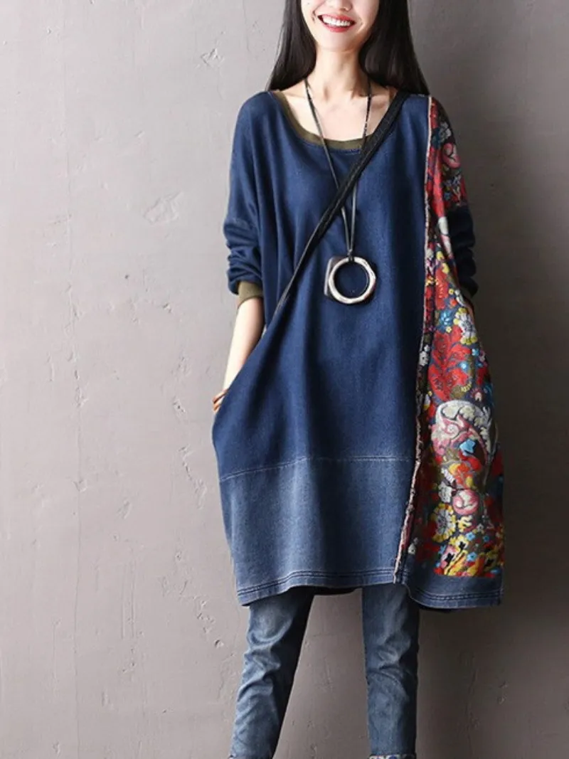 autumn bat sleeve denim large size sweater midi style top dress