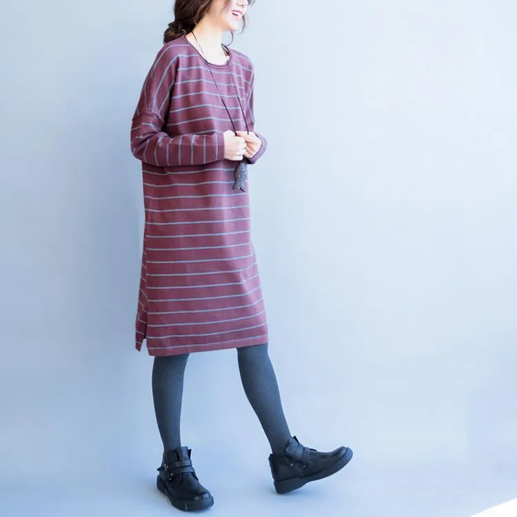 autumn new red striped woolen blended sweater dresses loose casual o neck knit sweater dress