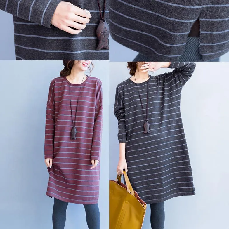 autumn new red striped woolen blended sweater dresses loose casual o neck knit sweater dress