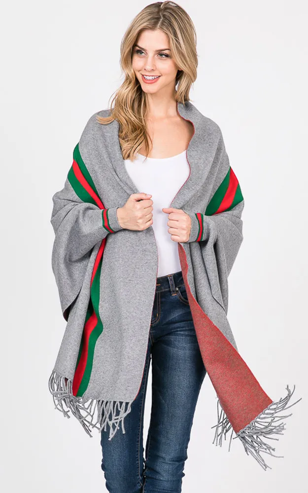 AV314 Stripe Accent Sleeve Cape Shawl with Fringe