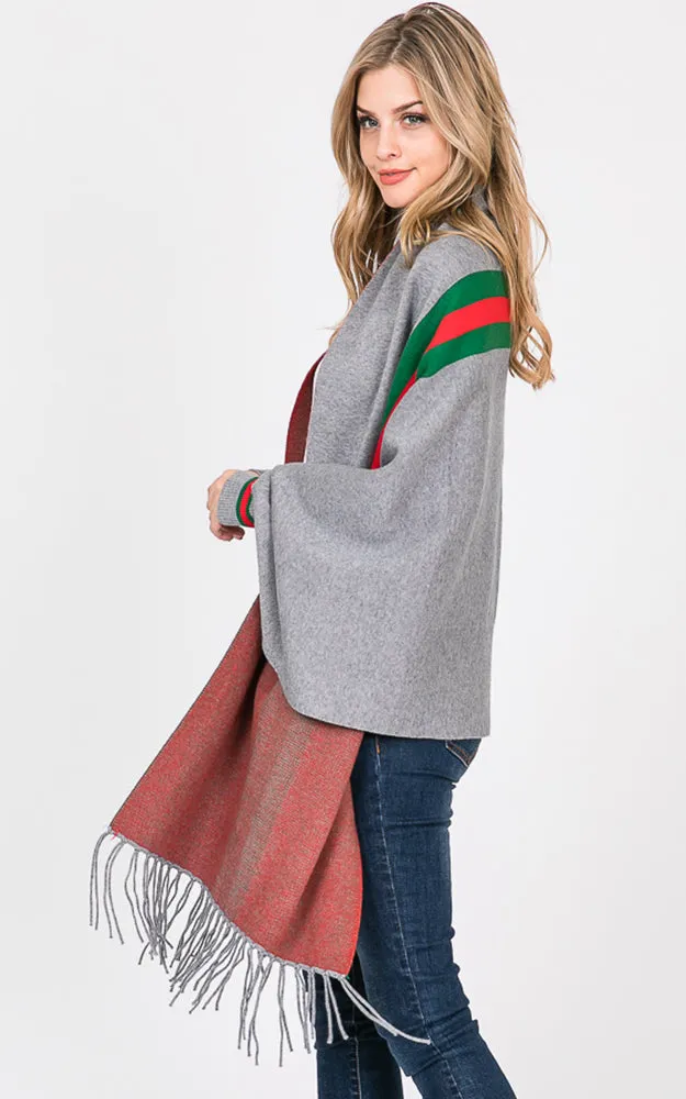 AV314 Stripe Accent Sleeve Cape Shawl with Fringe