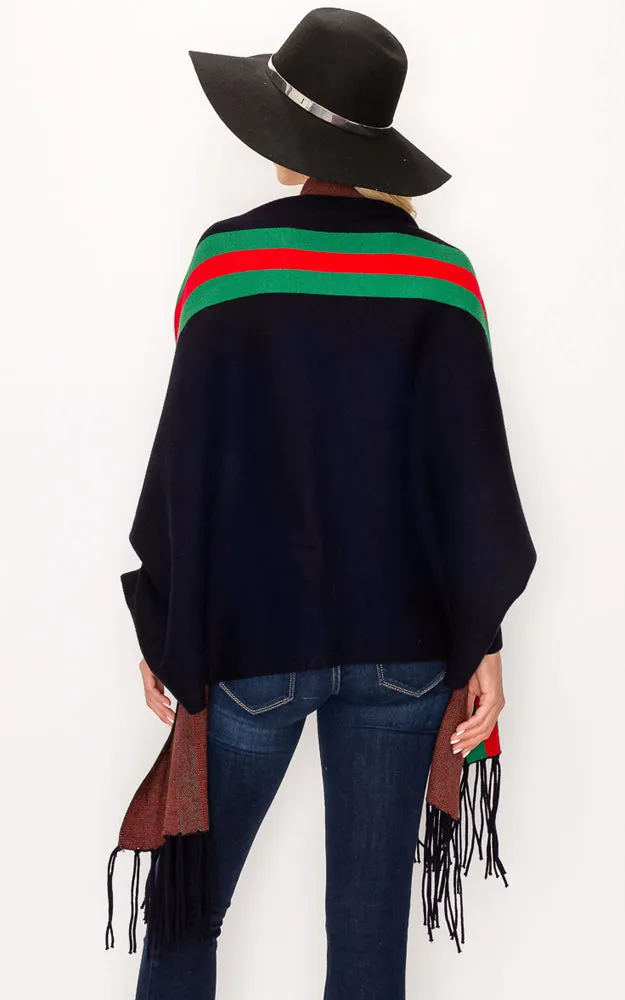 AV314 Stripe Accent Sleeve Cape Shawl with Fringe