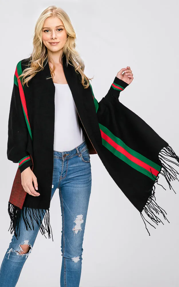 AV314 Stripe Accent Sleeve Cape Shawl with Fringe