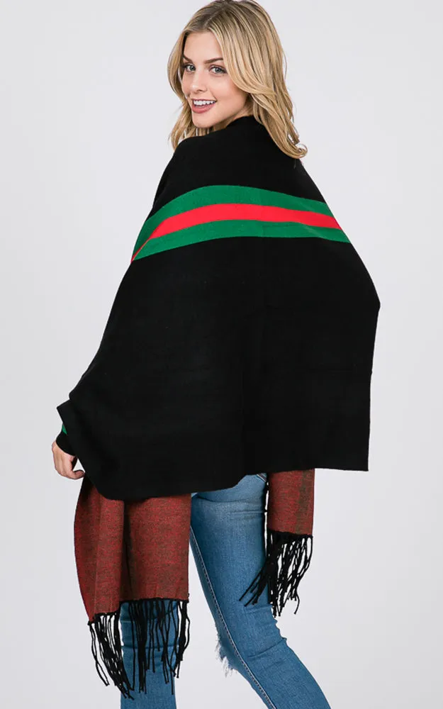 AV314 Stripe Accent Sleeve Cape Shawl with Fringe