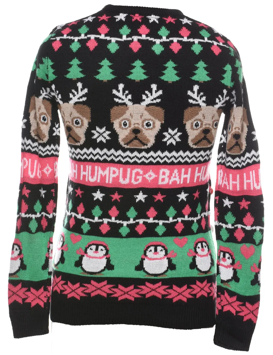 Bah Hum Pug Design Christmas Jumper - S