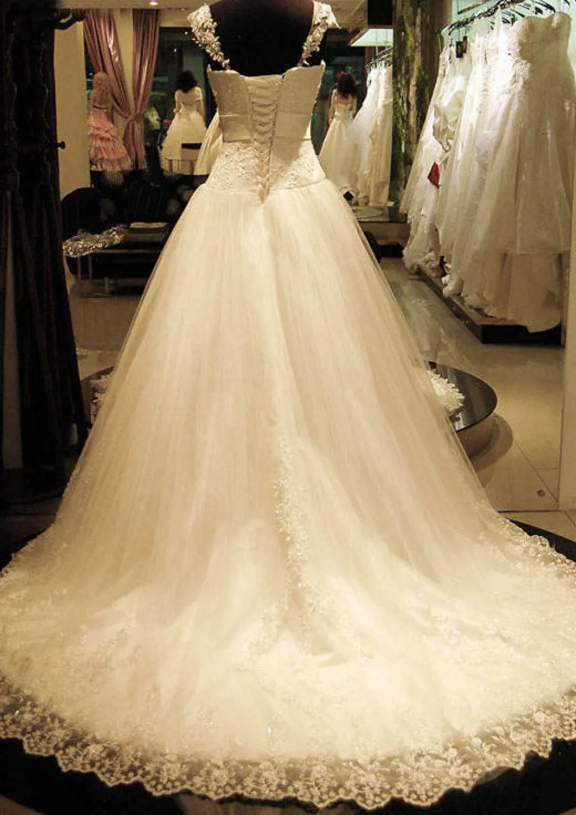 Ball Gown Square Neck Court Train Lace Tulle Dropped Waist Wedding Dress