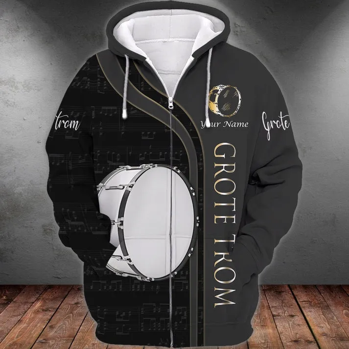 Bass Drum Personalized Name 3D Sweatshirt Zipper Hoodie Shirts, Gift for Music Lovers