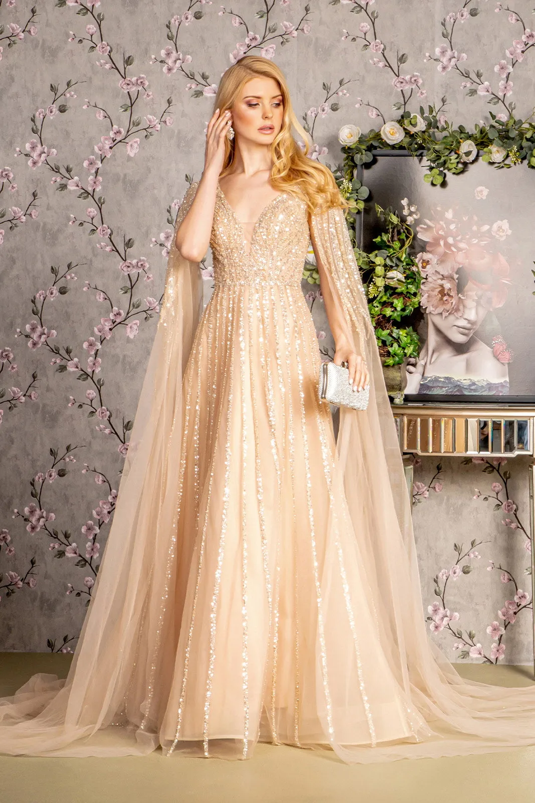 Bead Sequin Mesh A-line w/ Side Cape Long Sleeves Long Mother Of The Bride Dress GLGL3494