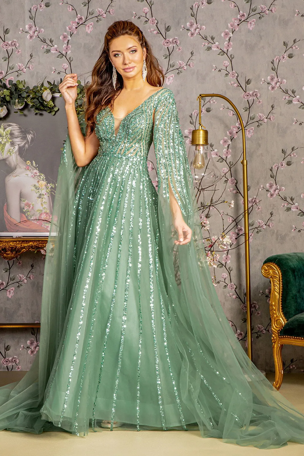 Bead Sequin Mesh A-line w/ Side Cape Long Sleeves Long Mother Of The Bride Dress GLGL3494