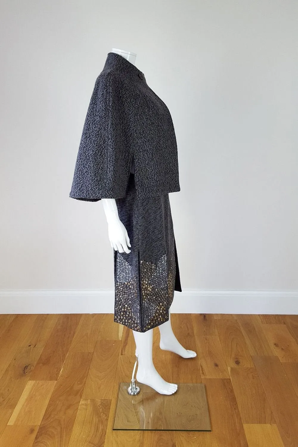 BEHNAZ SARAFPOUR Vintage Grey Wool Cape and Skirt Set (UK 10)