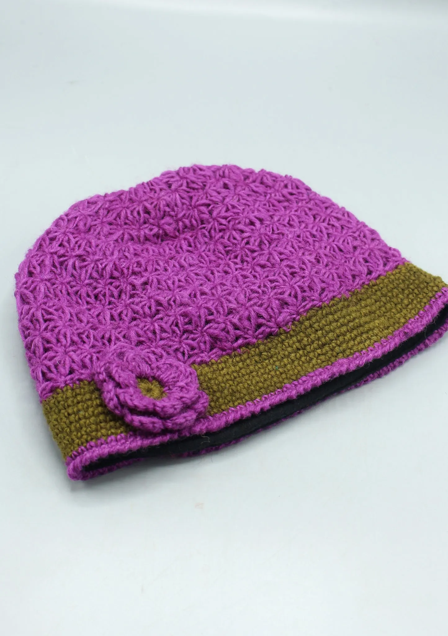 Beige Border Flower Attached Purple Warm & Soft Crocheted Woolen Beanie