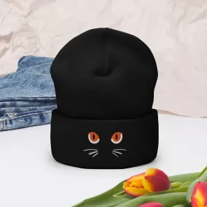 Black Cuffed Beanie Cute Cat Eyes Embroidery