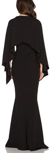 Black Long Cape V-Neck Stretch Dress