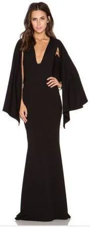 Black Long Cape V-Neck Stretch Dress