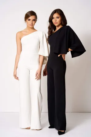 Black One Shouldered Cape Sleeve Jumpsuit