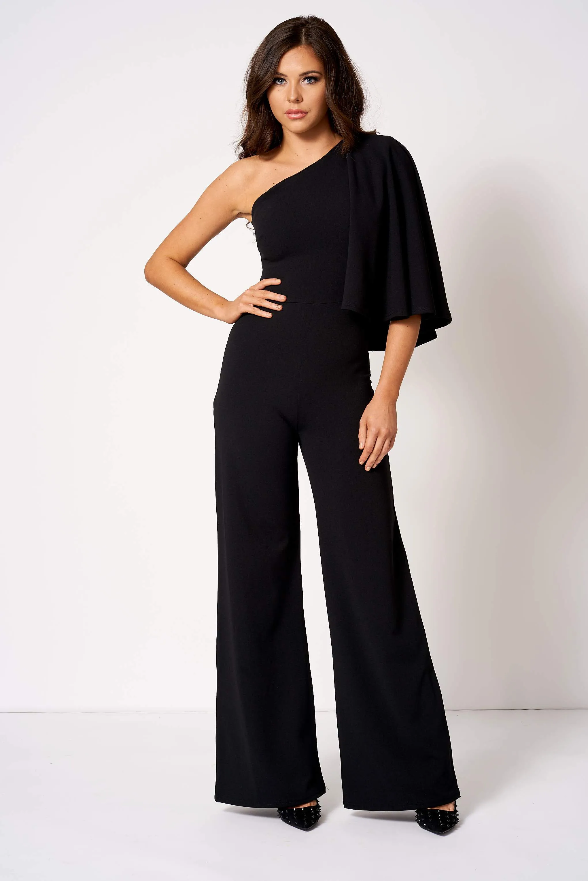 Black One Shouldered Cape Sleeve Jumpsuit