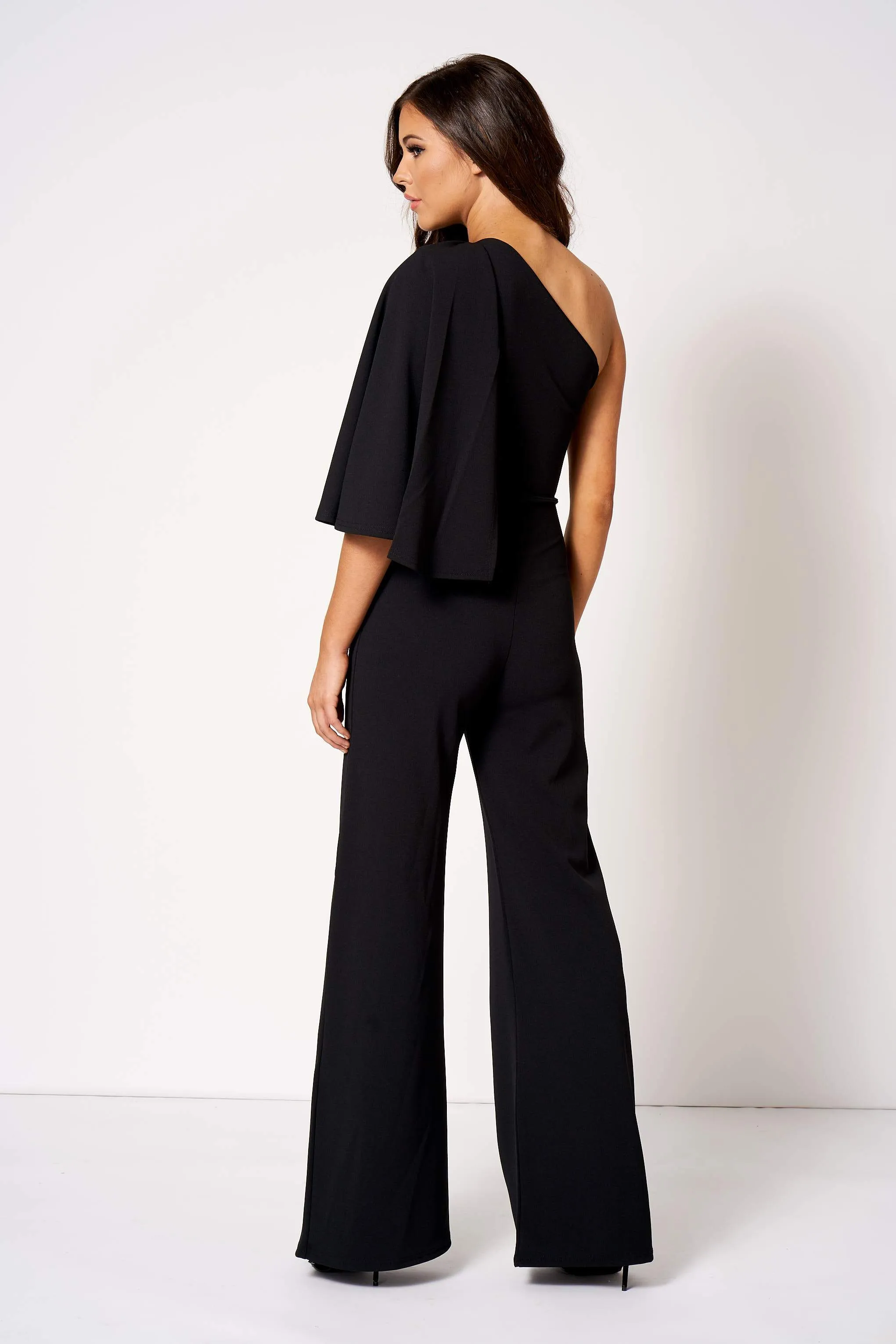 Black One Shouldered Cape Sleeve Jumpsuit