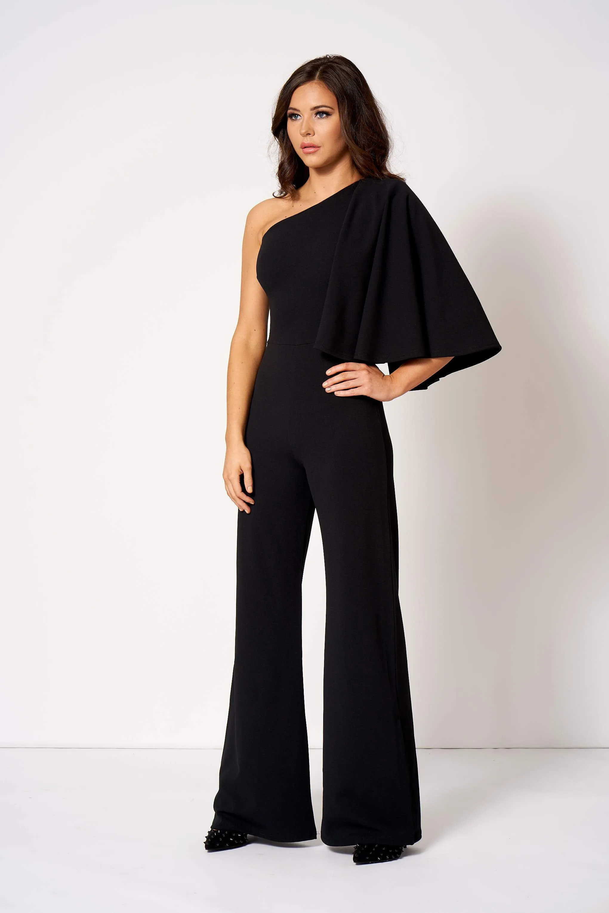 Black One Shouldered Cape Sleeve Jumpsuit