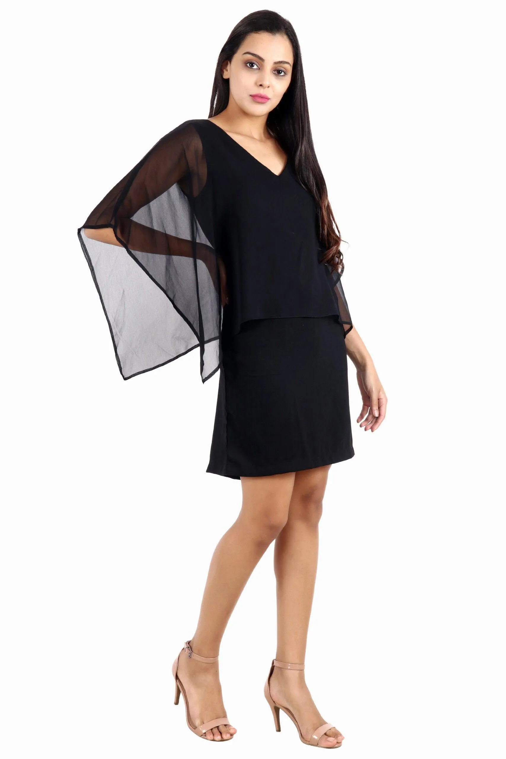 Black Solid Dress with Cape Sleeves