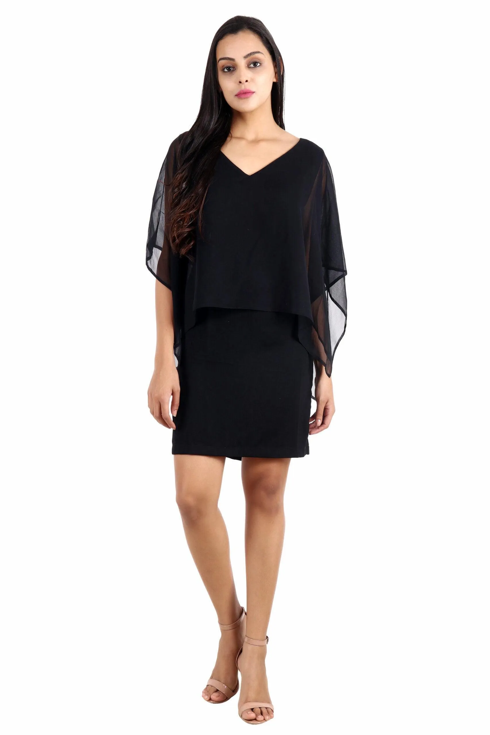 Black Solid Dress with Cape Sleeves