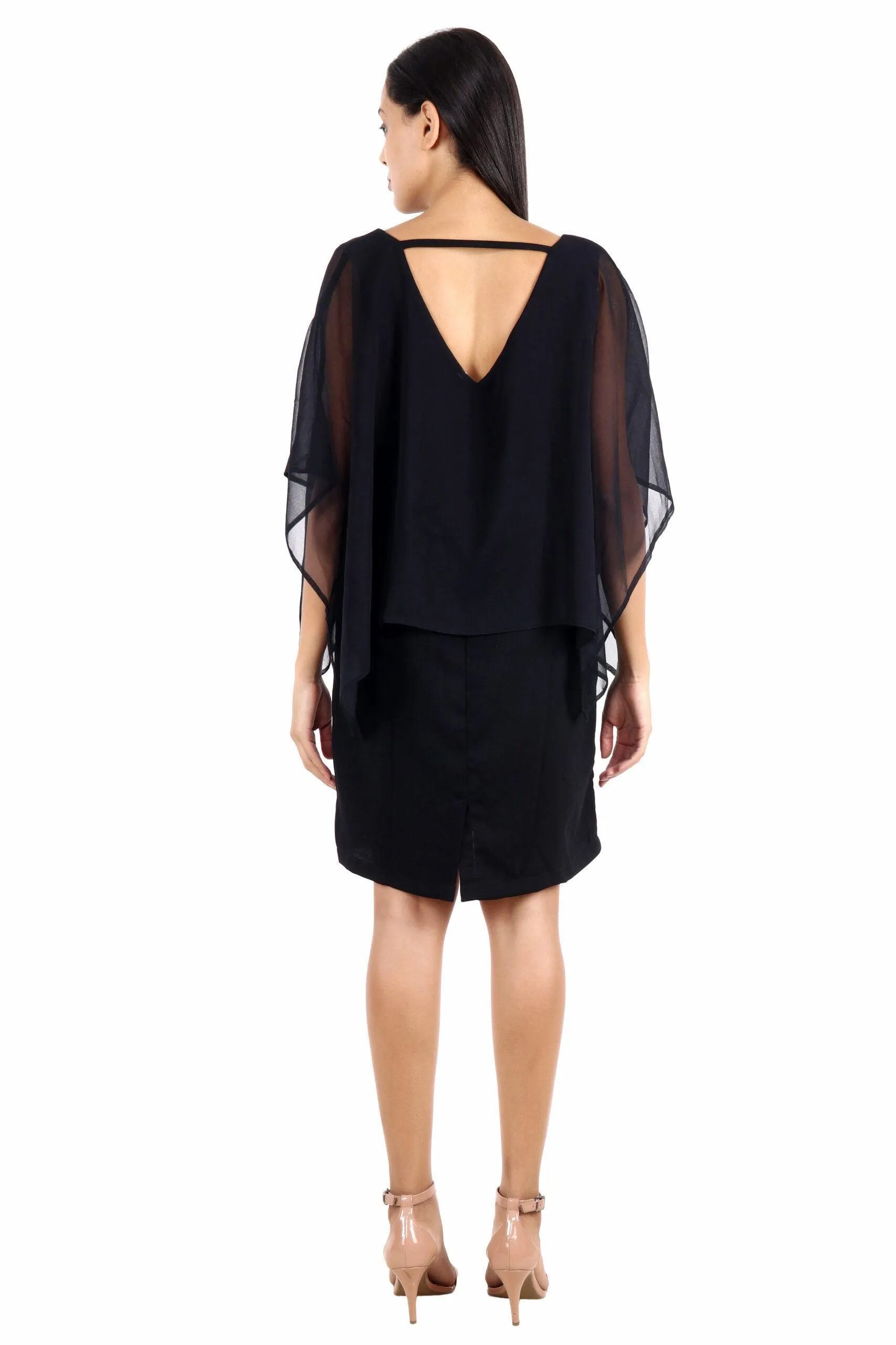 Black Solid Dress with Cape Sleeves