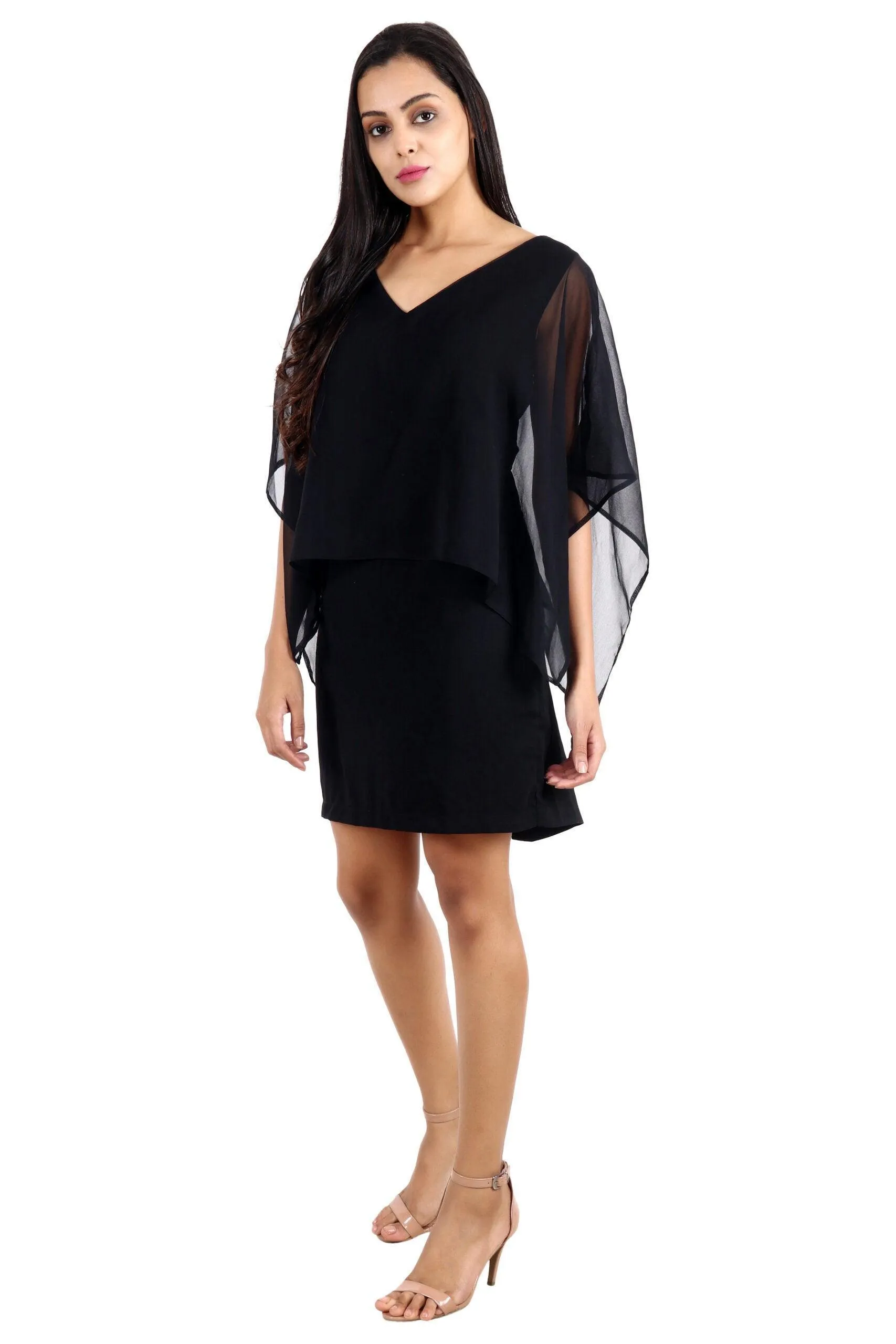 Black Solid Dress with Cape Sleeves