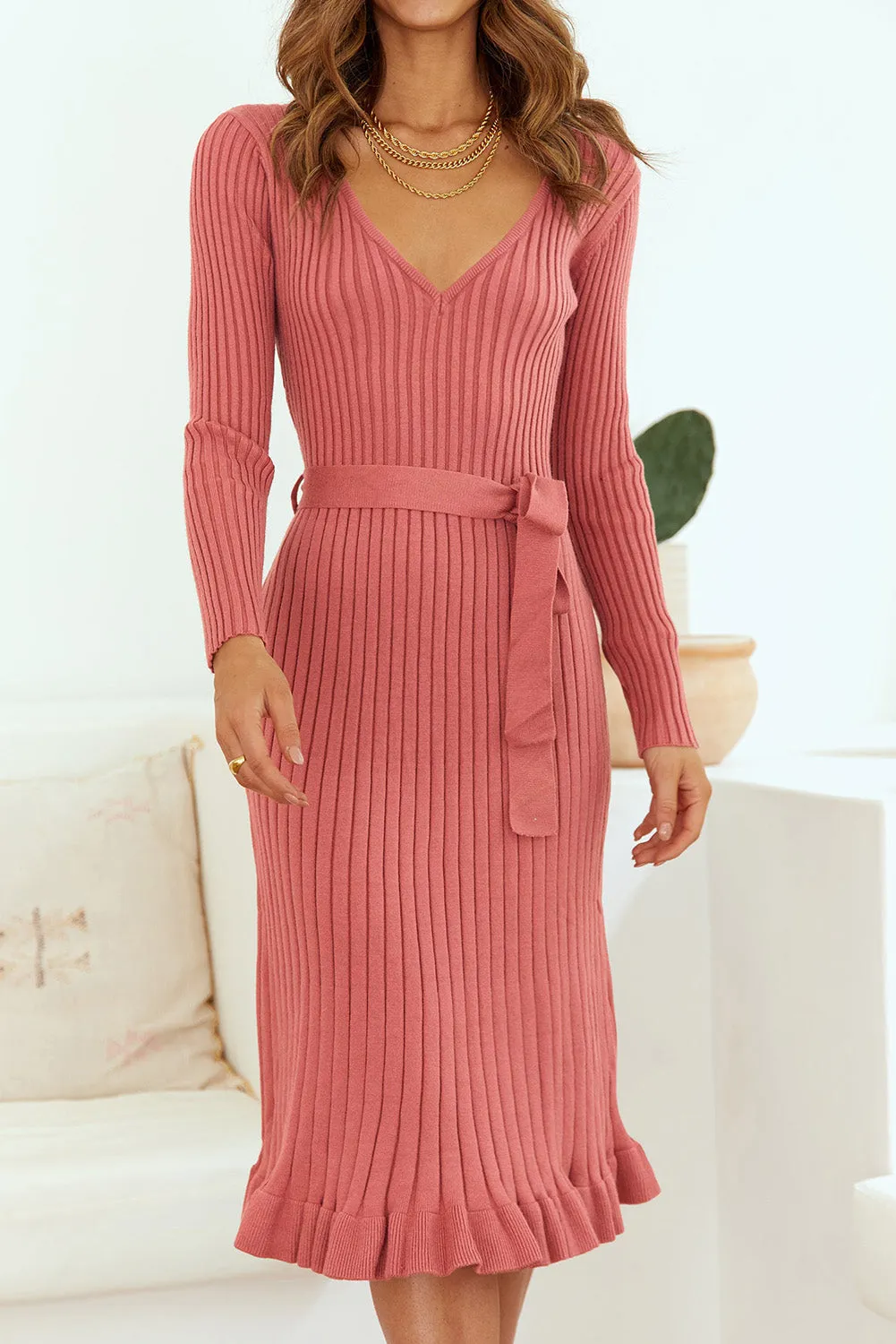 Bohemian Ribbed V-Neck Tie Waist Pencil Dress